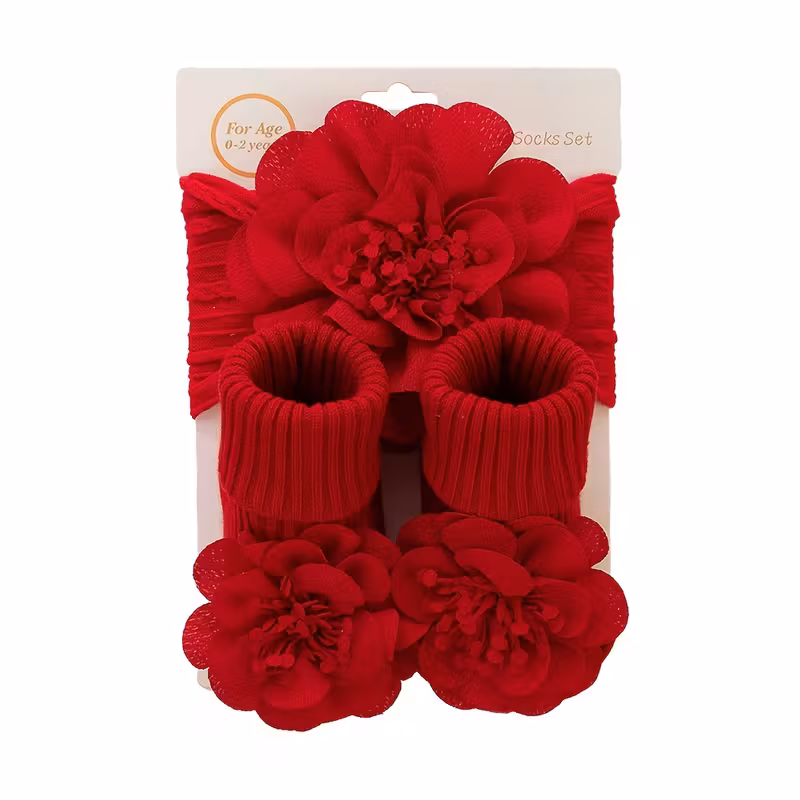 2er-Set Spitzen-Großblumen-Baby-Stirnbänder Socken Lange Knöchelsocken 0-12m